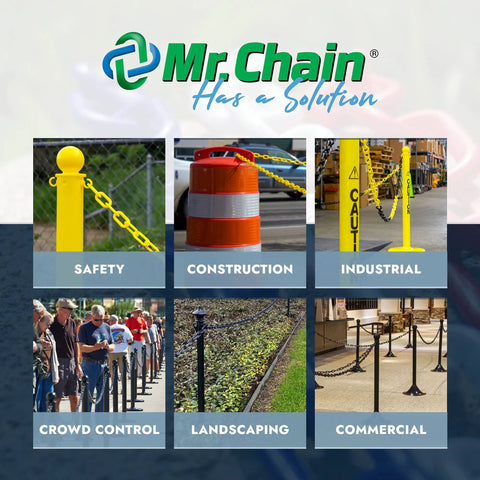 Collage showing various uses of Mr. Chain products: safety, construction, industrial, crowd control, landscaping, and commercial.
