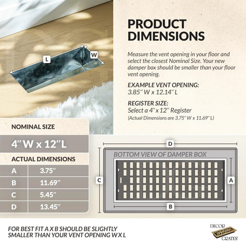 Diagram of Metal Scroll Decorative Air Vent Cover For 4x12 Floor Register With Adjustable Control Lever And Easy Install For Home AC Vents Textured Black Fits 4x12 Opening
