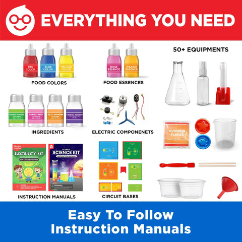 Ultimate Science Gift Set With Electricity Kit For Kids Aged Eight To Twelve Hands On STEM Experiments And Kid Friendly Educational Toys For Boys And Girls Ages Eight To Fourteen Birthday Gift featuring instruction manuals, electric components, and food colors