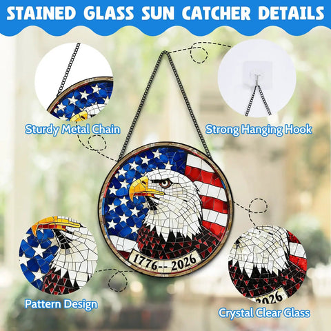 Stained Glass Window Hanging All American USA Eagle With Flag Sun Catcher Patriotic Ornament For Home And Garden Decor 7.8 In