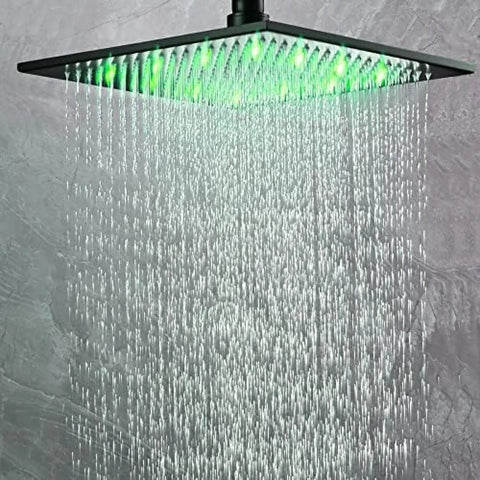 No Sweat Thermostatic Shower Faucet Kit With Led Rainfall Head And Handheld Body Massager, green LED rainfall showerhead view.