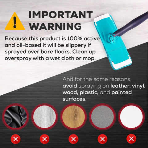 Warning label for Industrial Strength Air Freshener And Odor Eliminator For Strong Odors No More Stink Long Lasting Room Spray And Deodorizer For Home Cars Smoke And Pet Odors Powerful Odor Absorber That Tackles Odors At The Source, with cleaning mop and surface cautions.