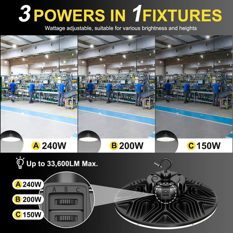 UFO LED High Bay Light 240W 190W 140W Adjustable Workhorse 33600LM Tunable 3000K 5000K 0-10V Dimmable IP65 demonstration in warehouse.