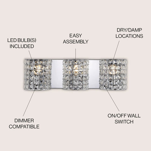 Chrome Modern LED Vanity Light Sconce, 3-Light Glass Crystal Shade, Glam Bathroom Wall Lighting for Hallway and Entryway, Energy-Efficient LED Bulbs Included