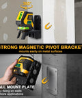 Self Leveling Laser Level With Tripod And 2 Plumb Dots, 100 Ft Cross Line Laser shown with magnetic wall mount bracket