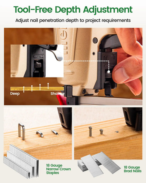 Adjustable depth setting on No Sweat 18 Gauge Two In One Pneumatic Nail Gun And Staple Gun Combo for precise nailing.