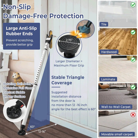 Heavy Duty Adjustable Sliding Door Security Bar With Swappable End Caps Locks Windows And Patio Doors Tight From Inside Measures Seventeen To Forty Six Inches, showcasing large anti-slip rubber ends for full floor grip.