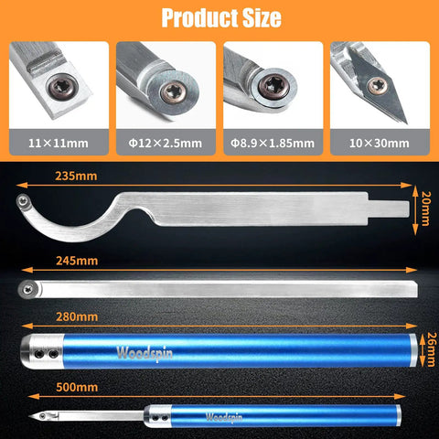 Premium Pro Grade Carbide Lathe Tools For Wood Lathe Set With Indexable Inserts And Storage Case sizes and dimensions shown