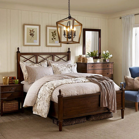 Farmhouse Style Chandelier Light Fixture For Kitchen And Dining Room With Barn Chic Vibe hanging above a rustic bedroom setting.