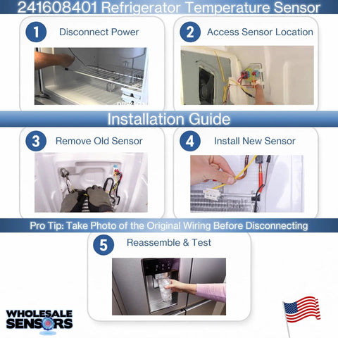 Installation steps for Premium Refrigerator Thermistor Replacement 241608401 with 12 Month Warranty USA Support.