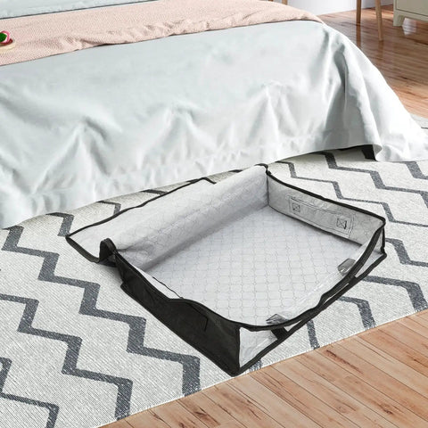 Lowkey Huge Underbed Storage Container And Clothes Organizer features grippy handles, black fabric, and a spacious open design for storage.