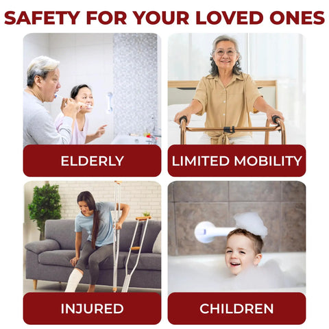 Elderly and children using safety aids, showcasing No Tools Needed Suction Cup Bath Grab Bar For Bathtub And Shower Walls Safe Portable Bathroom Assist Handle White 12 Inch With Easy Lock Latches And Relocatable Grip For Seniors And Everyday Use.