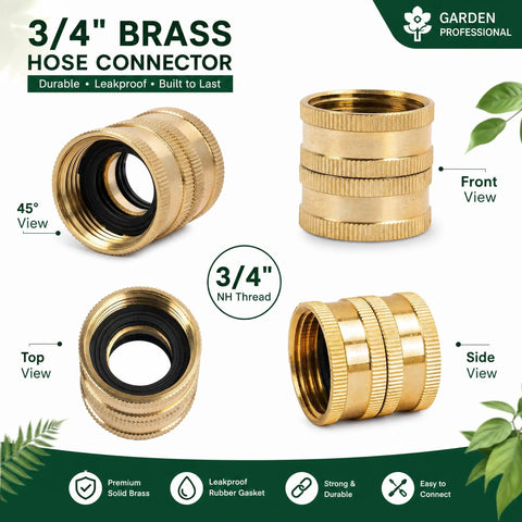Heavy Duty 3/4 Inch Solid Brass Garden Hose Connector Set With Double Female Ends And Spare Washers For No Hassle Outdoor Irrigation and Serious Yard Work Upgrades, 45 and front views.