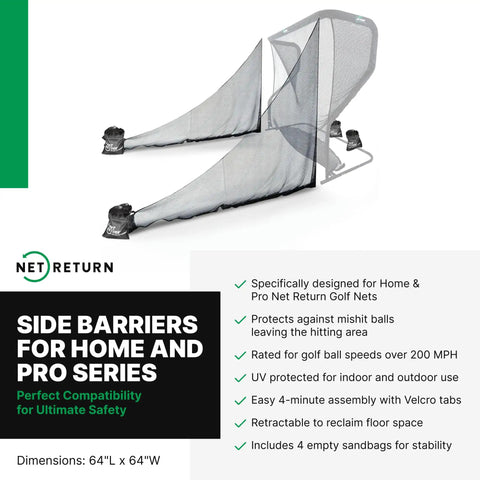 Side Barriers For Home And Pro Series Golf Nets Built Tough Polyester Indoor Outdoor Safety Extensions Easy Setup Black Sandbags Included Made In USA Net Not Included, side view of barriers with sandbags and dimensions