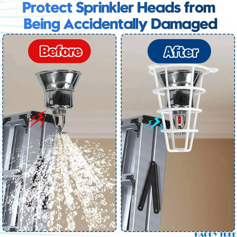 Before and after image of Dead Simple White Fire Sprinkler Head Guard Cover 2 Pack Fits 1/2 And 3/4 Inch Heads 6 Inch Deep Protective Cage.