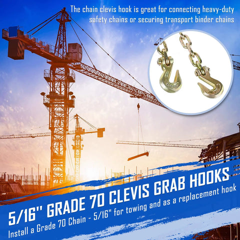 Close-up of Amazon SPARKWHIZ 5/16 in Grade 70 clevis grab hooks with chain; forged steel towing hardware (10 pack)