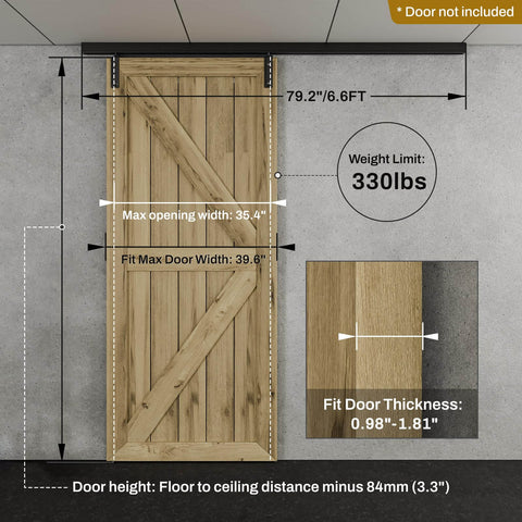 Heavy Duty Ceiling Mount Barn Door Hardware Kit For Single Door With Aluminum Alloy Track And Ceiling Brackets Delivers Smooth Sliding And 330 Pound Capacity Fits Door Width Up To 39.6 Inches And Door Thickness From One To One Point Eight One Inches.