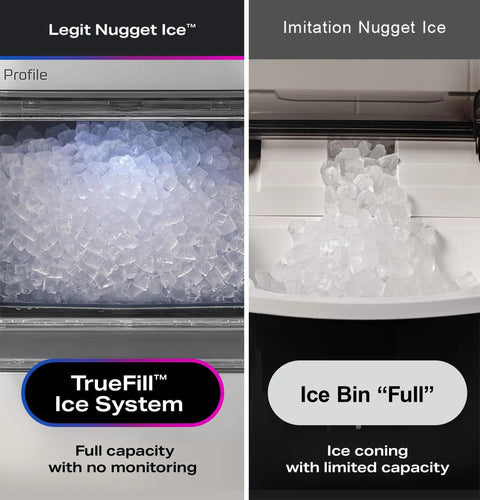 Side-by-side comparison of Legit Nugget Ice™ and Imitation Nugget Ice, showcasing ice quality and storage capacity.