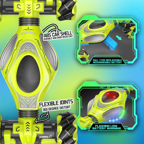 Close-up of gesture sensing RC stunt car features, including ABS shell, flexible joints, rechargeable battery, and LED warning lights.