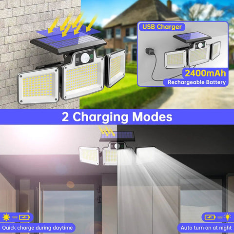 Solar Outdoor Motion Sensor Lights With 280 LED Waterproof IP65 Garden Flood Lights showing dual charging modes and installation