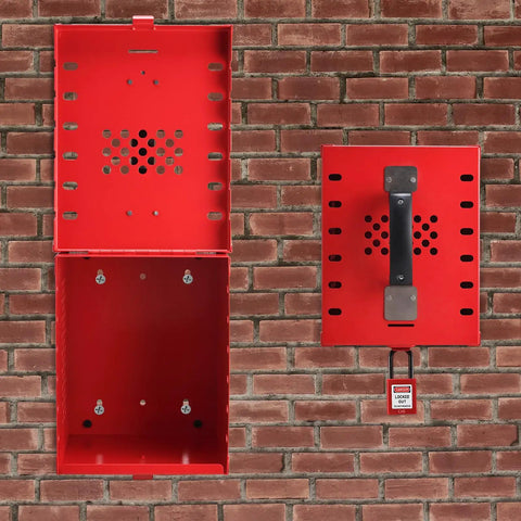 Heavy Duty Lockout Tagout Box for Group Lockout, 12 Padlock Capacity, Industrial Grade Steel, Red Portable LOTO Lock Box on wall