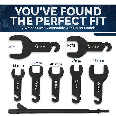 Pneumatic Fan Clutch Removal Tool Kit With TriLock Joint 8 Piece Carbon Steel Wrench Set For Ford GM Chrysler Jeep Includes 7 Attachments Gloves Towel And Heavy Duty Carry Case, 7 wrench sizes shown