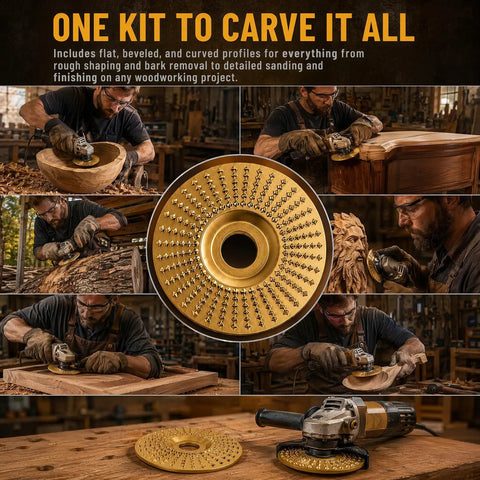 Woodworker using Three Piece Wood Carving Disc Kit For Angle Grinders Four Inch And Four Point Five Inch Tungsten Carbide Cutting Wheels