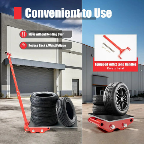4 Piece Red Carbon Steel Machinery Mover Dolly Set 6 Ton 13200 Lb Capacity with tires and handles outdoors