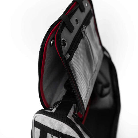 Open view of Pro Painters Tool Bag Deluxe with adjustable shoulder strap showing dual sided compartments and pockets