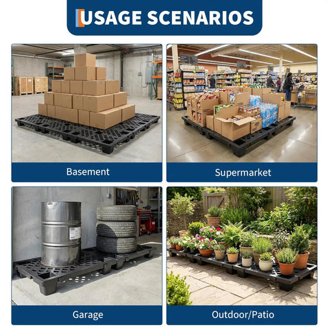 Heavy Duty Interlinked Plastic Pallet With Ventilated Grid in warehouse, supermarket, garage, and patio settings