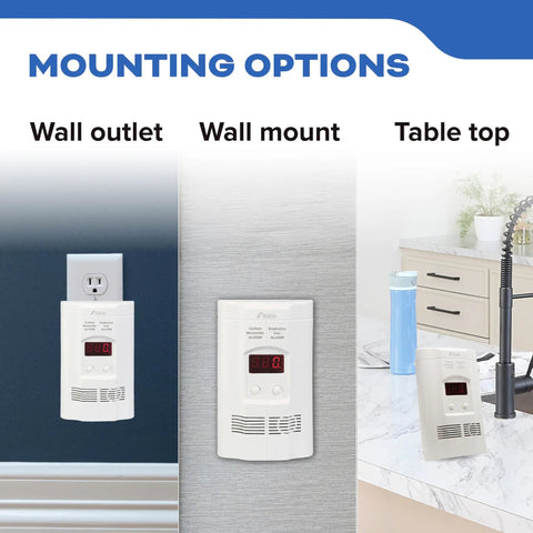 Carbon Monoxide And Explosive Gas Alarm Plug In With 9V Battery Backup Digital Display And LED Status Indicators For Natural Gas And Propane Detection 85 dB Alarm Must Have For Home Safety mounted on wall outlet, wall, and tabletop.