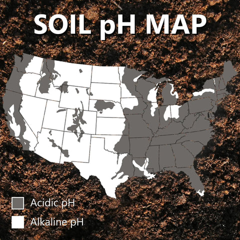 U.S. map showing regions with acidic and alkaline soil pH, labeled as SOIL pH MAP over a soil background.