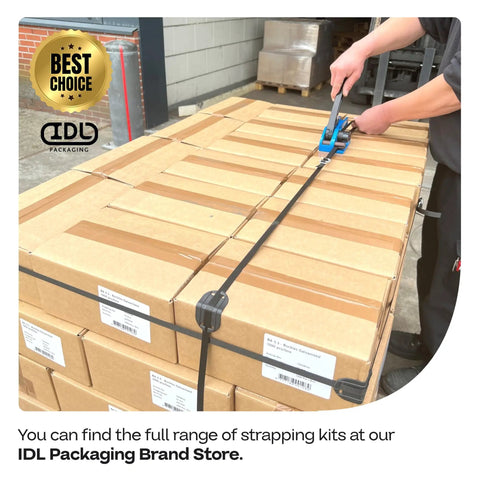 No Gimmicks Heavy Duty Half Inch Polypropylene Strapping Kit With 7200 Ft Roll Rated 600 Lb Break Strength Includes Hand Tensioner And 1000 Open Seals for secure pallet packaging.