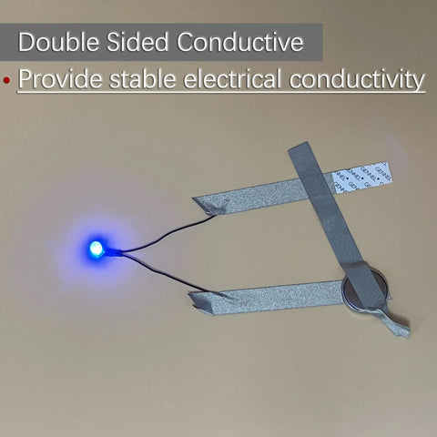 Conductive Cloth Tape for EMI Shielding and Signal Blocking with LED light showing electrical conductivity, Faraday Grade Copper Nickel Fabric Tape