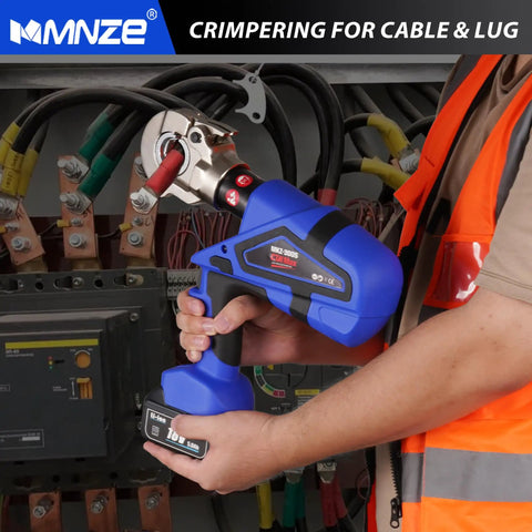 Straight Up Electric Hydraulic Cable Lug Crimper Pliers held by an electrician near cable connections in a job site.