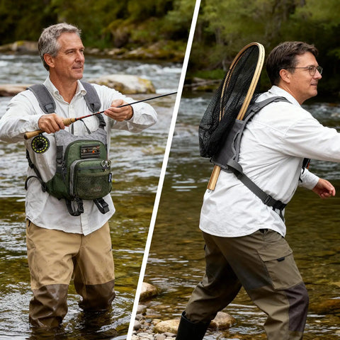 Fly Fishing Chest Pack With Workstation And Quick Release Lightweight Tackle Bag in use by fishermen in river