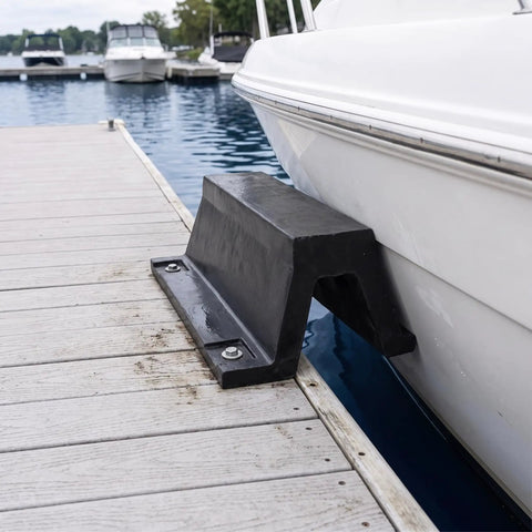 Heavy Duty Black Rubber Dock Bumper With Bolt Down Arch for boat protection on pier, showing dock installation