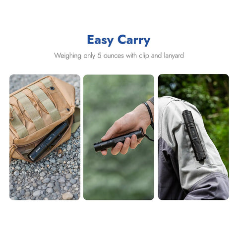 Three images showing the Beefy 1200 Lumens Rechargeable Tactical Flashlight With IP68 Waterproof Build clipped to bag, hand, and jacket.