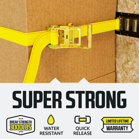 Heavy Duty E Track Ratchet Straps 2 Inch By 12 Foot 4 Pack Yellow Cargo Tie Downs securing box on wall with strength icons.