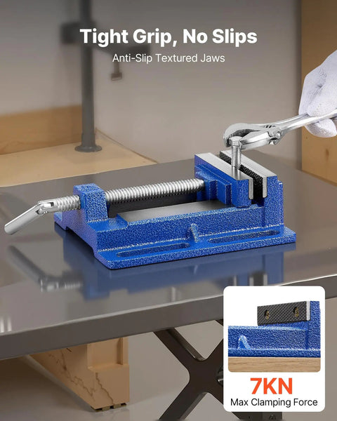 4 Inch Jaw Width Drill Press Vise With Slotted Base Portable Bench Vise Built Tough Cast Iron Clamp in use on workbench