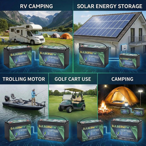 12V 100Ah LiFePO4 Battery With Built-In 100A BMS displayed for RV, solar storage, trolling motor, golf cart, camping use.