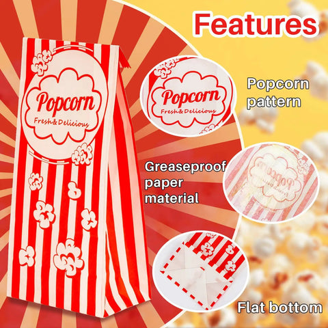 Red and white Flat Bottom Popcorn Bags 50 Pack With Individual Servings For Movie Night, Parties, Carnivals, And Halloween, with features highlighted.