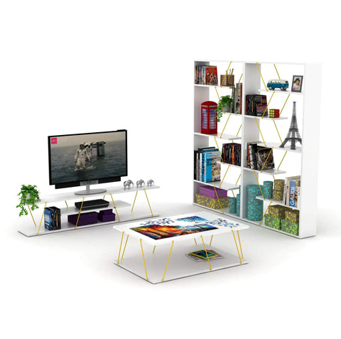 Modern living room with white bookcase, decor items, TV stand, and coffee table in geometric design.