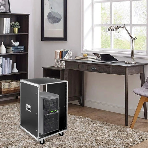 Rock Solid 16U Portable Rolling Network Rack Studio Server Cabinet With Built Handles Smooth Swivel Casters in a modern workspace.