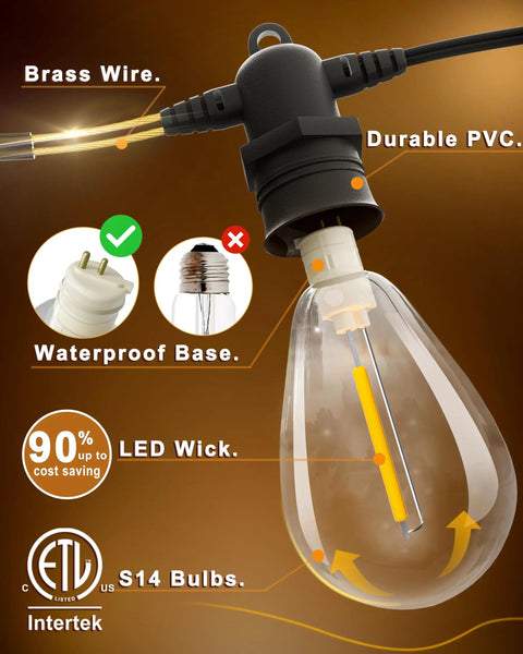 Close-up of the 95Ft LED Outdoor String Lights With 30 Edison Shatterproof Bulbs IP65 Waterproof Dimmable 2700K, bulb details.