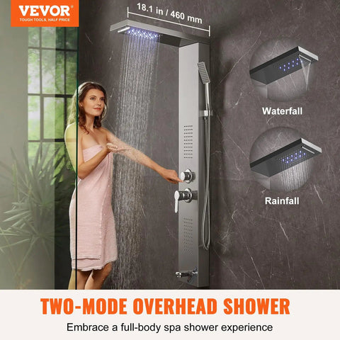 Slick Stainless Steel Shower Panel Tower Featuring Five Kickass Spray Modes with rainfall showerhead and waterfall stream.