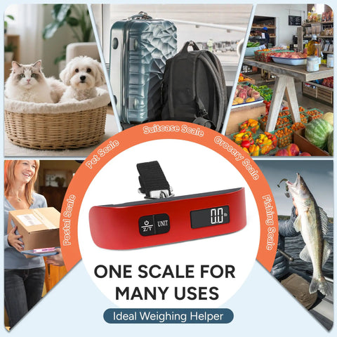 Portable Digital Luggage Scale For Travelers Keep Suitcases Baggage Fee Free And Make Boarding A Breeze Every Time A Solid Ace In The Bag For Airport Weight Checks With One Hundred Ten Pound Max Capacity And Slim Profile, shown with pets, suitcases, and groceries.