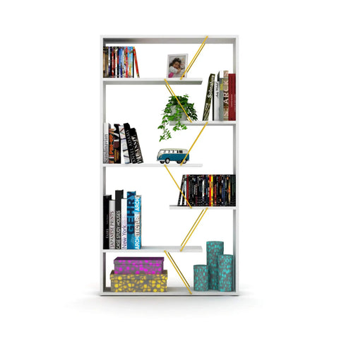 Six Tier Wall Corner Storage Shelf For Bedroom - Industrial Bookcase with books, decor, and open wood frame