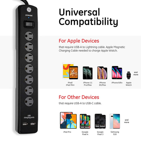 7-Outlet Surge Protector Go-To Power Hub With 2 USB Ports, 3ft Cord, 1300 Joules, Flat Plug, shown with universal device compatibility.