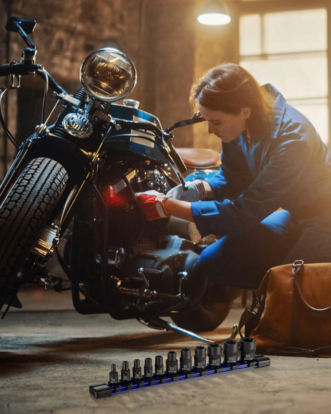 Premium 11 Piece E Torx Socket Set Fits 1/4 And 3/8 Inch Drives, displayed during motorcycle maintenance with knurled grip.